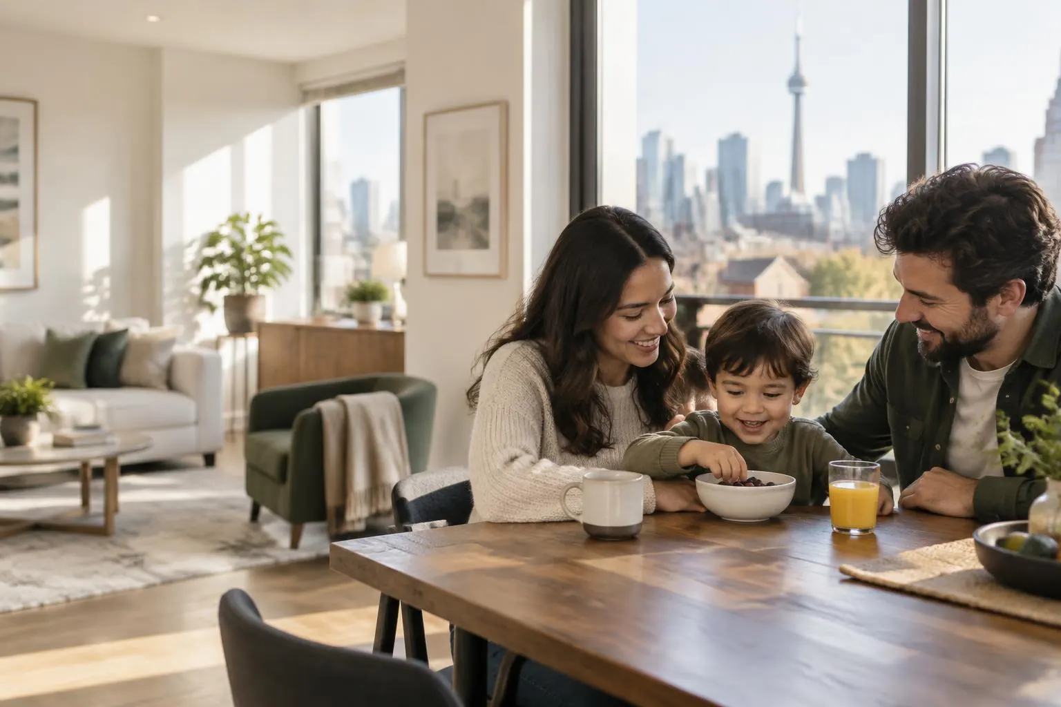 A smiling Toronto family of four relaxing together at home, representing the loved ones life insurance helps protect
